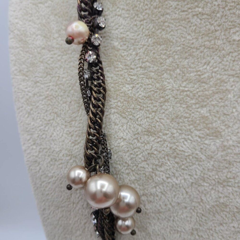 J Crew Copperish Necklace with Faux Pearls and Clear Crystals - Picture 7 of 13